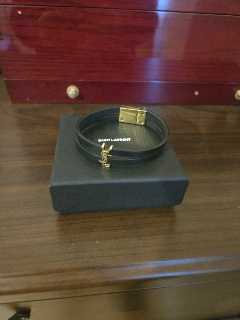 Saint Laurent Black Leather Double Wrap Bracelet with Gold YSL Charm